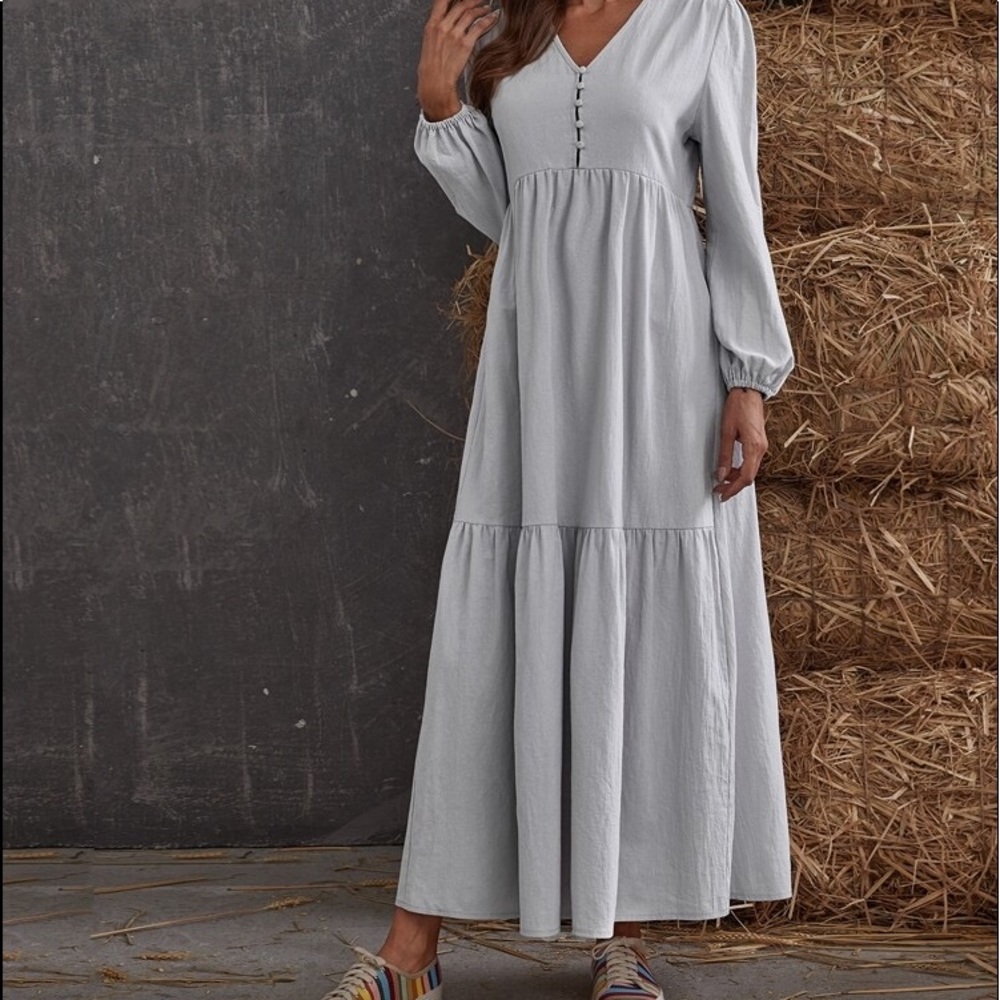 #55  Maxi Long Sleeve Grey Button V Bohemian Linen Feel Gray Prairie Dress - Picture 4 of 10